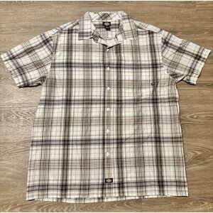 Dickies Plaid Short Sleeve Button Up Shirt Mens XL Brown Gray Check Casual‎ Work
